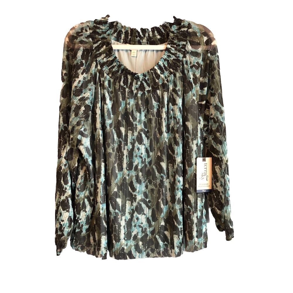 Terra & Sky Womens Tunic Top 1X Long‎ Sleeve Abstract Peacock Mesh Boho Cottage